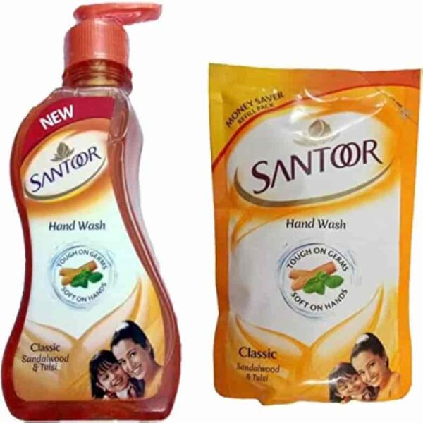 NEW SANTOOR HANDWASH CLASSIC 215 ML WITH SANDALWOOD & TULSI-TOUGH ON GERMS SOFT HANDS+SANTOOR HANDWASH MONEY SAVER REFILL PACK 180 ML FREE 3506