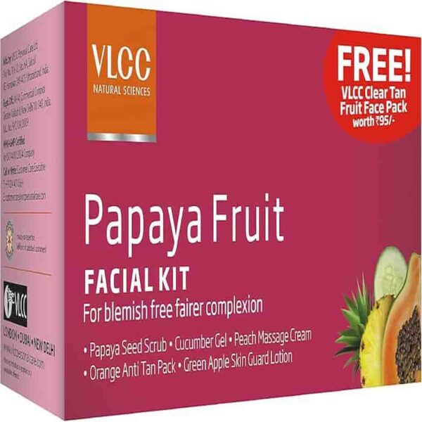 VLCC FRUIT FACIAL KIT (5 SACHETS) PEACH MASSAGE CUCUMBER GEL ORANGE ANTI TAN PACK GREEN APPLE SKIN GUARD LOTION PAPAYA SEED SCRUB (ALL 10 GMS IN EACH SACHET) 7179