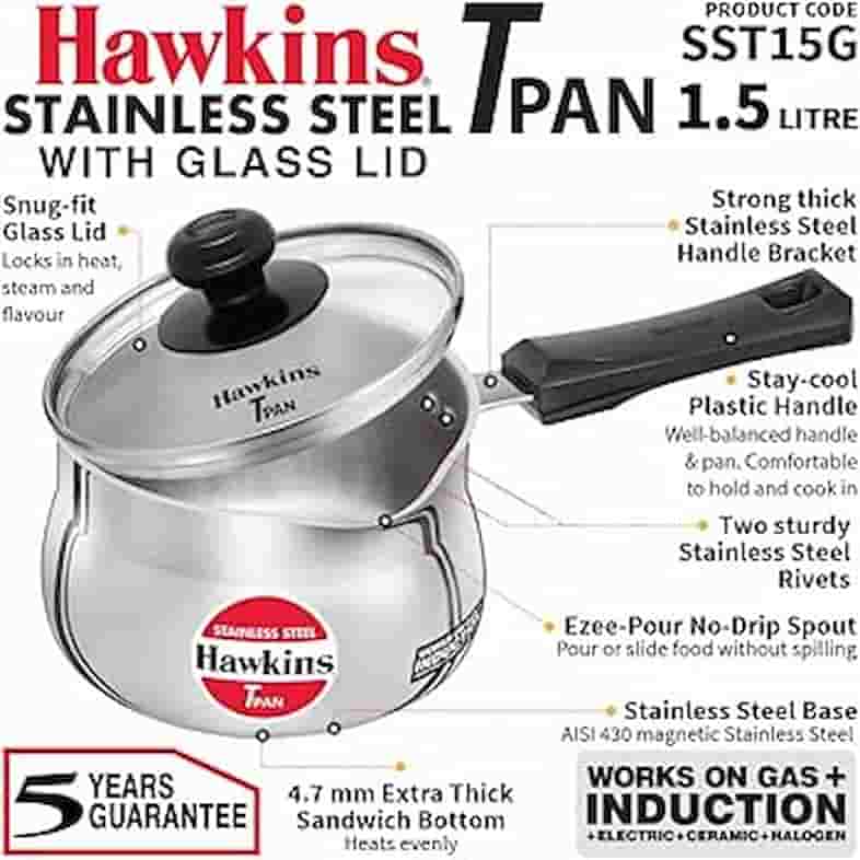 HAWKINS STAINLESS STEEL T PAN WITH GLASS LID- INDUCTION COMPATIBLE 1.5 LTR 14130 HAWKINS STAINLESS STEEL T PAN WITH GLASS LID- INDUCTION COMPATIBLE 1.5 LTR 14130 - Image 1